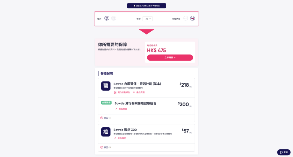 再揀選「性別」、「年齡」及「是否有吸煙習慣」後，系統便會提出整體的醫療保障建議。